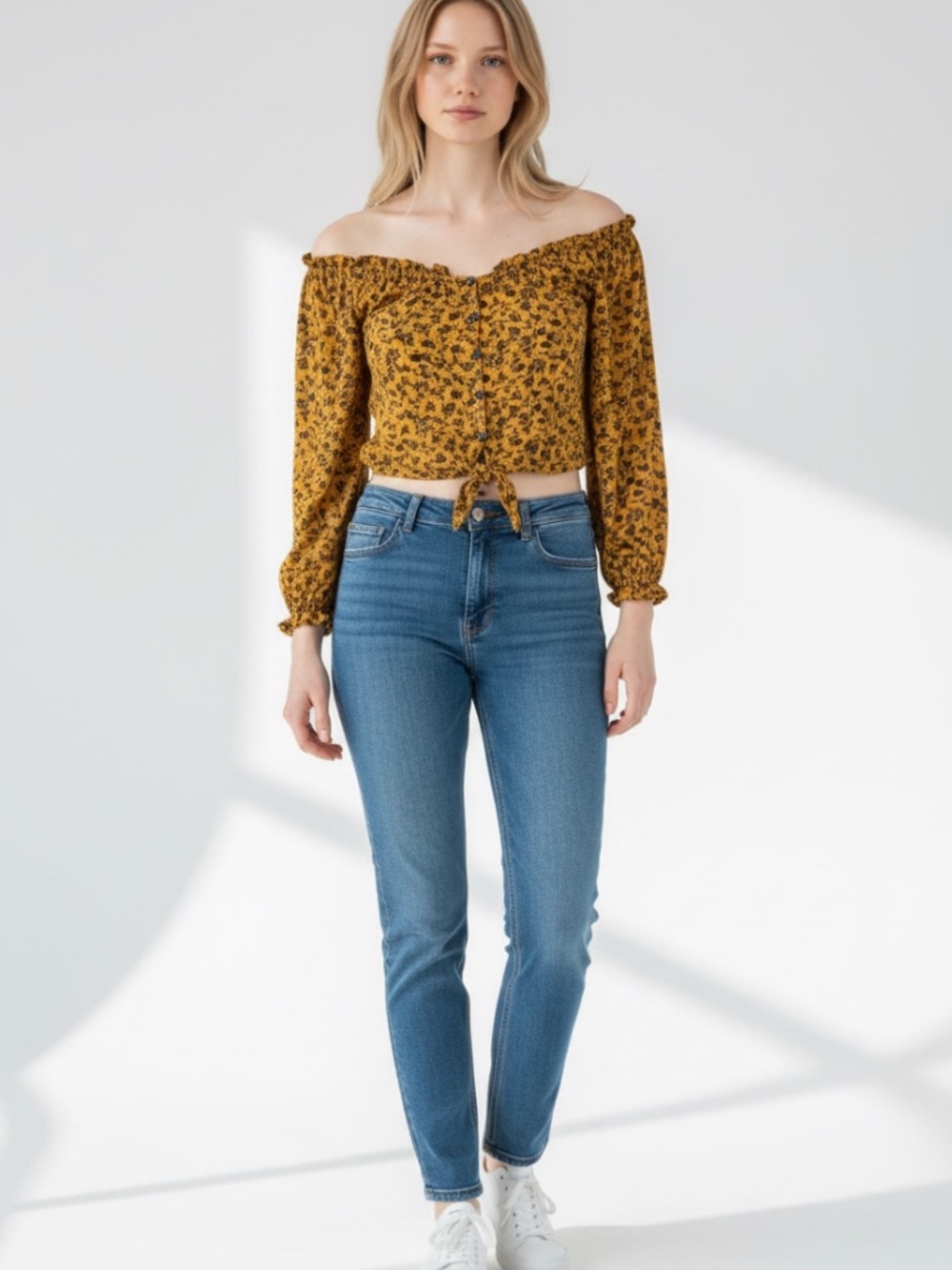 Jolt Mustard Floral Tie-Front Peasant Blouse